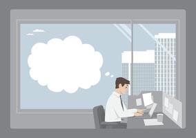 man working during office hours on office desk with notes and laptop window scene thinking with balloon text and content can be anything vector
