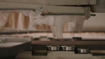 Close up of moving mechanism of a wood processing machine. Creative. Carpentry works and the factory details. video