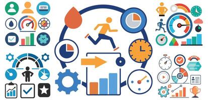 Performance and Productivity Icons Set with Metrics, Charts, and Stopwatch vector
