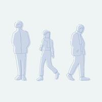 flat minimal people male and female in winter clothing concept. Outline with silhouette shadow. For architecture rendering, design, info graphic, media vector
