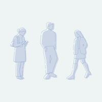 flat minimal people male and female illustration in winter clothing concept isolated set collection. Outline with silhouette shadow. For architecture rendering, design, info graphic, media vector