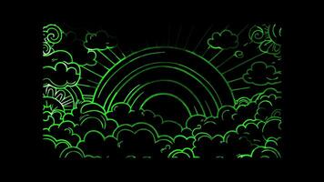 Neon frame effect, rainbow with clouds and cheerful weather elements on black background video