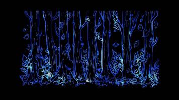 Neon frame effect, Trees like tree trunks with leaves and critters hiding in them on black background video