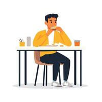 Man Multitasking with Food and Work by Table vector