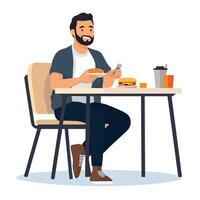 Focused Man at Table Eating While Working vector