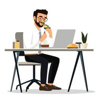 Multitasking Man Eating and Working by Table vector