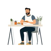 Man Enjoying Meal and Coffee While Working vector