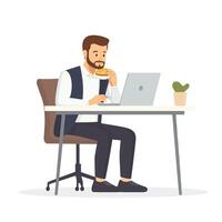 Man Seated at Table with Meal and Laptop vector