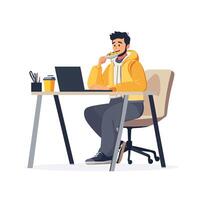 Man Engaged in Work, Eating and Drinking at Table vector