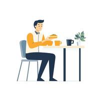 Man Working at Desk with Food and Drink Nearby vector