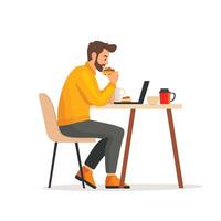 Man Focused on Work While Enjoying Meal and Drink vector