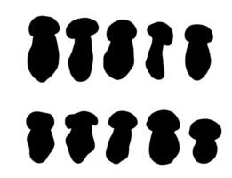 Silhouette of multiple mushroom shapes in two rows on a white background, showcasing diverse forms and sizes in a minimalist style. vector