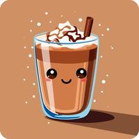 Cute Kawaii cocoa, chocolate or cappuccino with whipped foam in a glass. Kawaii style with funny face. Sweet character. For, logos, prints, labels, stickers, etc. vector