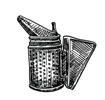 Bee smoker. Smoker for bees hand drawn illustration in sketch style. Chimney for flashing bees used to calm bees before frame removal vector