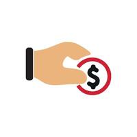 This image is a simple and modern icon representing financial investment or cost management. It features an open hand holding a gear, which has a dollar sign in the center. vector