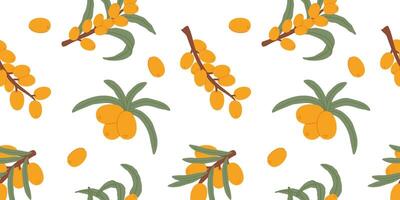 A seamless pattern featuring hand-drawn sea buckthorn branches with vibrant orange berries and green leaves on a white background. Ideal for natural product packaging, textiles, and botanical designs. vector