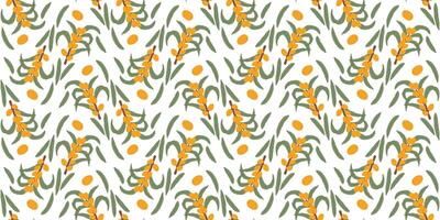 Vibrant seamless pattern featuring sea buckthorn berries and green leaves on a white background. vector