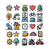 A set of colorful icons that include a car, house, tree, and other items vector