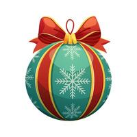 Green Christmas tree ball on white background. Holiday globe with red bow and snowflake pattern. isolated element vector