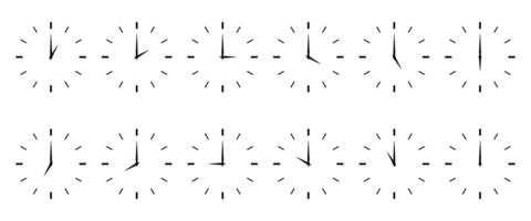 Set of clock icons. Time, stopwatch, clock. The hour hand shows 12 different full hours. Minimalistic style. vector