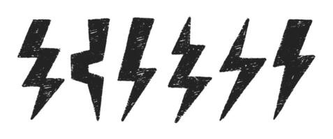 Set of lightning bolts with charcoal, pastel or crayon texture. Grunge doodle illustration. vector