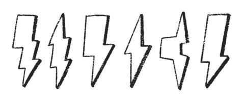 Set of lightning bolts with charcoal, pastel or crayon texture. Outline doodle illustration. vector