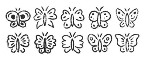 Set of butterflies with charcoal, pastel or crayon texture. Summer doodle illustration. vector