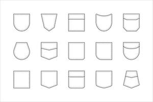Pocket patch set. Uniform clothes pockets patches with seam, patched denim pocket line. Pockets for fashion design shirt, dress, denim, round, oval, rectangular shapes, monochrome color collection vector