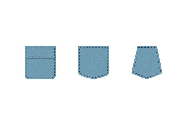 Denim patch pocket. Set of blue denim bag icons. Uniform casual style jeans pockets patches. Jean shirt clothes isolated icon.