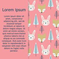 Cute hand drawn nursery seamless pattern with wild animals hare and trees in scandinavian style. vector