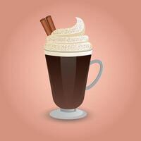 Glass of hot chocolate with cream and cinnamon. vector