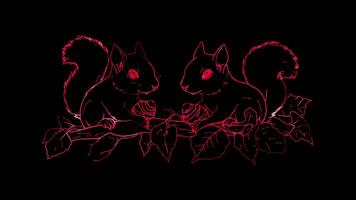 Neon frame effect, Squirrels Adorable squirrel with acorns and tree branches on black background video