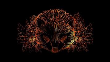 Neon frame effect, Hedgehogs shaped like hedgehogs with prickly quills and flowers on black background video