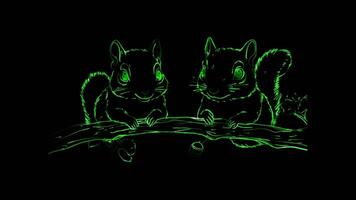 Neon frame effect, Squirrels Adorable squirrel with acorns and tree branches on black background video