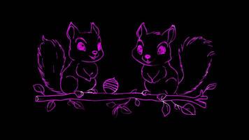 Neon frame effect, Squirrels Adorable squirrel with acorns and tree branches on black background video