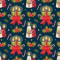 This festive pattern features candles, holly, and candy canes, spreading holiday cheer to all who see it. perfect for use in textiles, wallpaper, and seasonal decor. vector