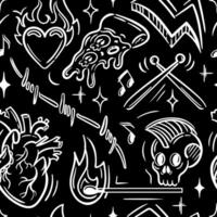 Seamless pattern featuring elements of hard rock culture. Embracing an informal subculture, this doodle-style sketch embodies heavy metal music, ideal for music festivals, wallpapers, fabrics, and vector