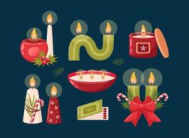 A set of aromatic festive burning soy candles. In a glass with a wooden wick, a curved. holly, and candy canes, spreading holiday. Aromatherapy, relaxation. Small business, handmade. vector