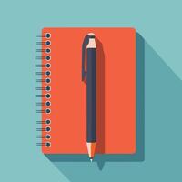 A spiral notebook with a pen placed on the cover, against a solid light blue background. vector