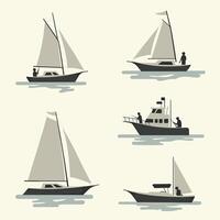 Silhouette illustrations of various sailing and motor boats with figures in monochrome design. vector