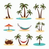 Tropical island illustrations featuring palm trees, hammocks, umbrellas, and coconuts on sandy beaches. vector