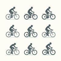 Silhouettes of cyclists in various poses showcasing different styles of bicycles against a neutral background. vector