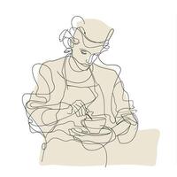 Abstract line drawing of a woman stirring a cup in a minimalist style. vector