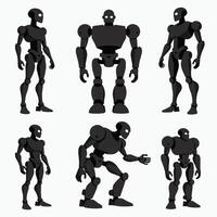 Collection of humanoid robot figures in various poses, showcasing their sleek design and futuristic aesthetic against a white background. vector
