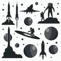 Silhouette illustration of astronauts, rockets, and planets, evoking a sense of exploration in outer space. vector