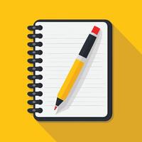 Yellow notepad with a matching pen on a bright yellow background. vector