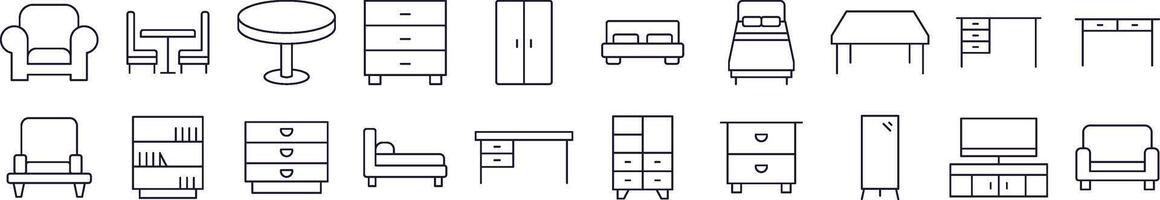 Pack of Line Icons of Table, Closet, Mirror, Chair and Table. Editable Stroke. Minimalistic Linear Pictogram for Design of Cards, Apps, Banners, Posts vector