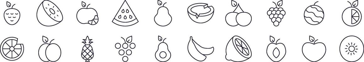 Collection of Line Icons of Watermelon, Coconut, Grape and Other Fruits. Editable Stroke. Minimalistic Linear Pictogram for Design of Cards, Apps, Banners, Posts vector