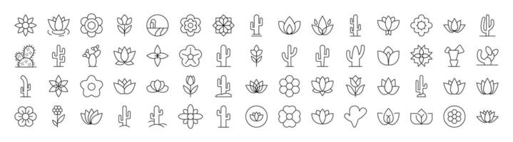 Flower Line Icon Set. Modern Collection for Design, Web Sites, Apps, Cards. Contains Linear Images of Plants with Petals and Cactuses vector