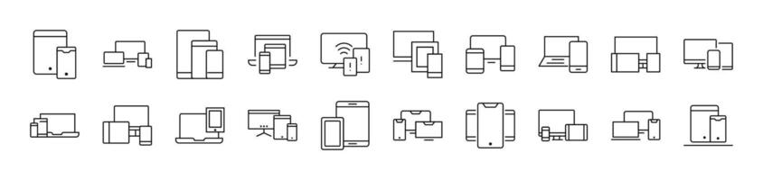 Set of Line Icons of Computer, Laptop, Tablet. Editable Stroke. Minimalistic Linear Pictogram for Design of Cards, Apps, Banners, Posts vector
